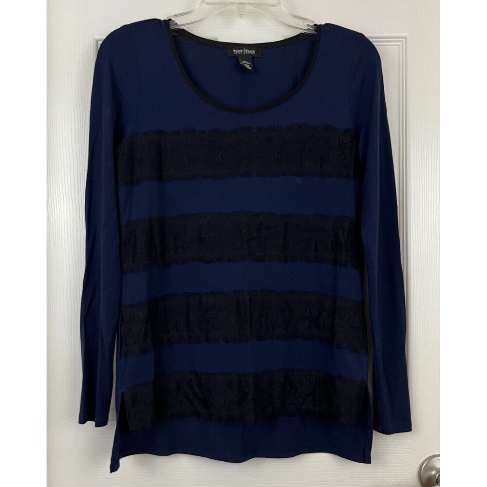WHITE HOUSE | Black Market - Navy & Black Lace Trim Long Sleeve Knit Top sz XXS